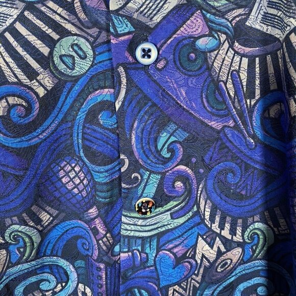 Gene Hiller Shirt Musical Eclectic Printed Jazz Musician Blue Colorful Sz Large - Picture 6 of 13